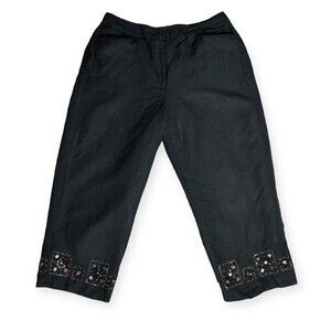 Larry Levine Black Linen Blend High Rise Beaded Hem Cropped Trousers